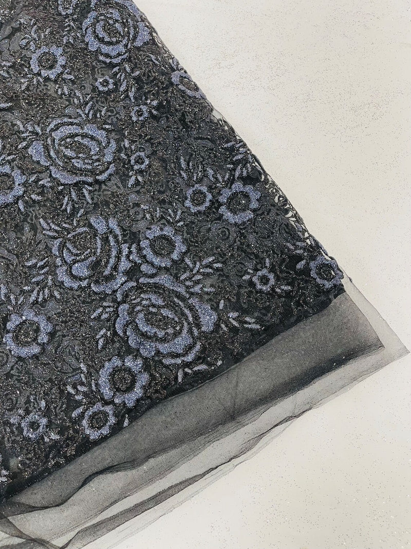 3D Rose Chunky Glitter Fabric - Navy Blue - Rose Floral Design Glitter on Tulle Fabric Sold by Yard