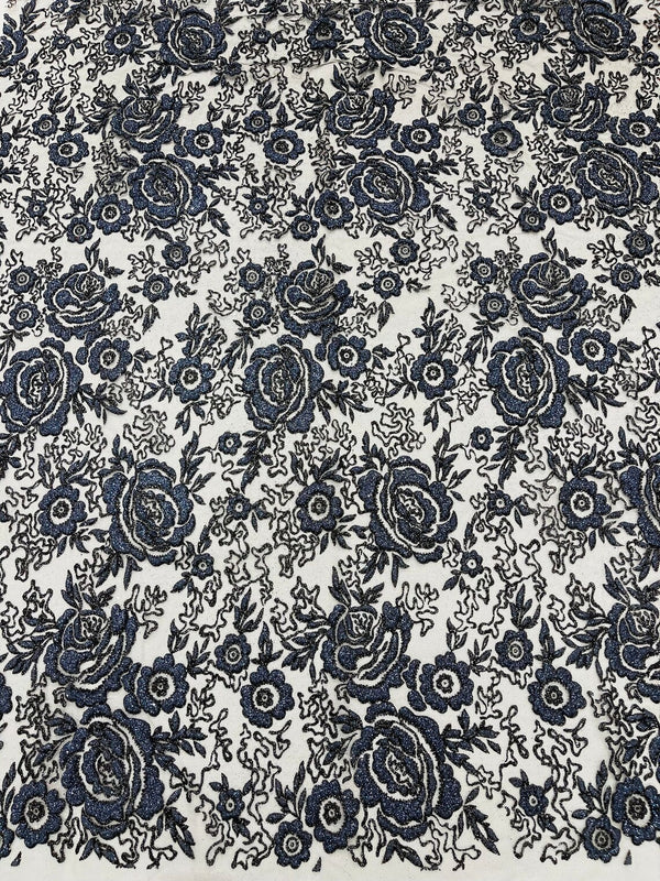3D Rose Chunky Glitter Fabric - Navy Blue - Rose Floral Design Glitter on Tulle Fabric Sold by Yard