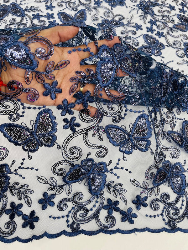 Butterfly Sequins Fabric - Navy Blue - Metallic Floral Butterfly Design on Lace Fabric By Yard