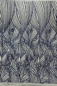 Curvy Line Design Fabric - Navy Blue - 4 Way Stretch Sequins Design Mesh Lace Fabric by Yard