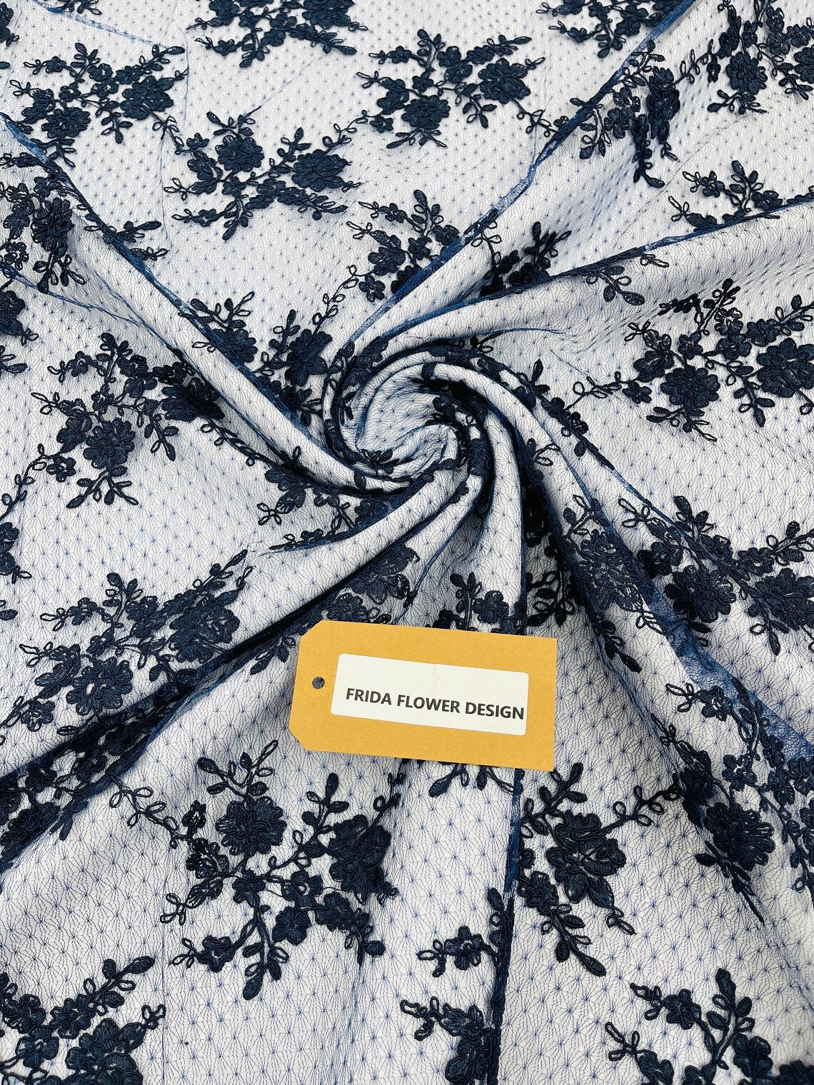 Embroidered Corded Lace Fabric - Navy Blue - Cluster Fancy Flower Embr