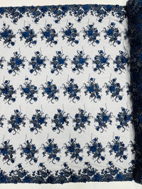 3D Flower Sequins Design - Navy Blue - Embroidered Pearl Sequins Floral Clusters Lace Fabric By Yard