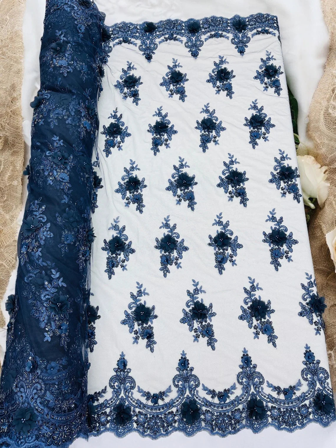3D Floral Pearl Design - Navy Blue - Floral Embroidered Pearls and Seq