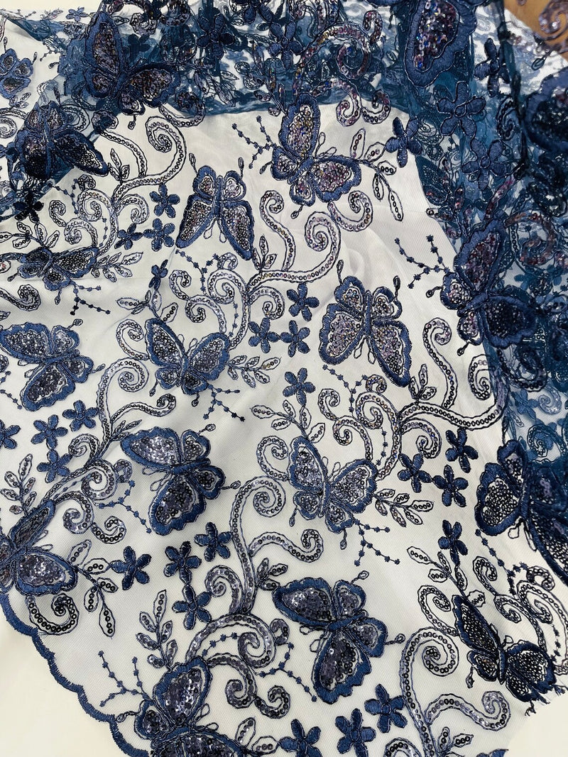 Butterfly Sequins Fabric - Navy Blue - Metallic Floral Butterfly Design on Lace Fabric By Yard