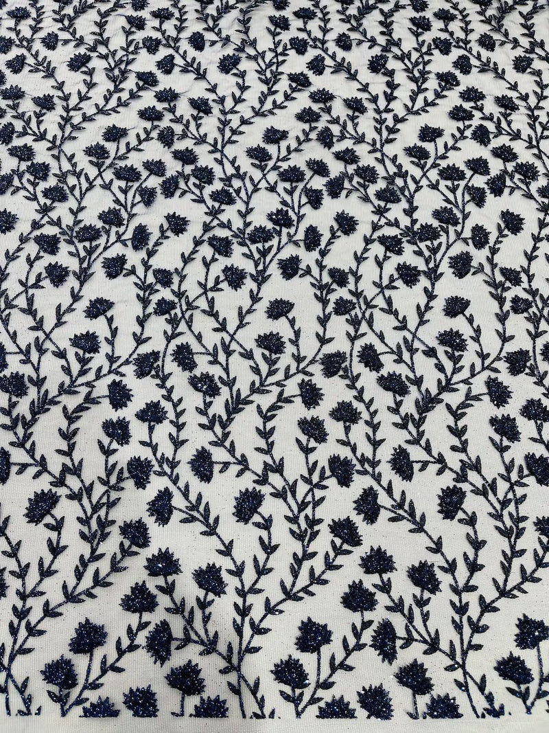 Shimmer Glitter Flower Fabric - Navy Blue - Small Glitter Flower Design on Lace Sold By Yard