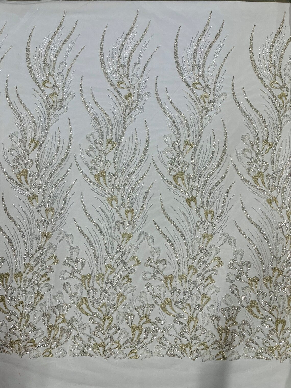 Wavy Leaf Design Fabric - White - 4 Way Stretch Sequins Lace Mesh Leaf Design Fabric by Yard main image 1