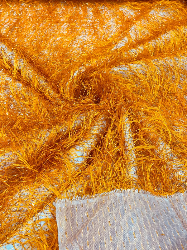 Metallic Eyelash Fabric - Orange - Feather/Eyelash/Fringe Design on Mesh By Yard