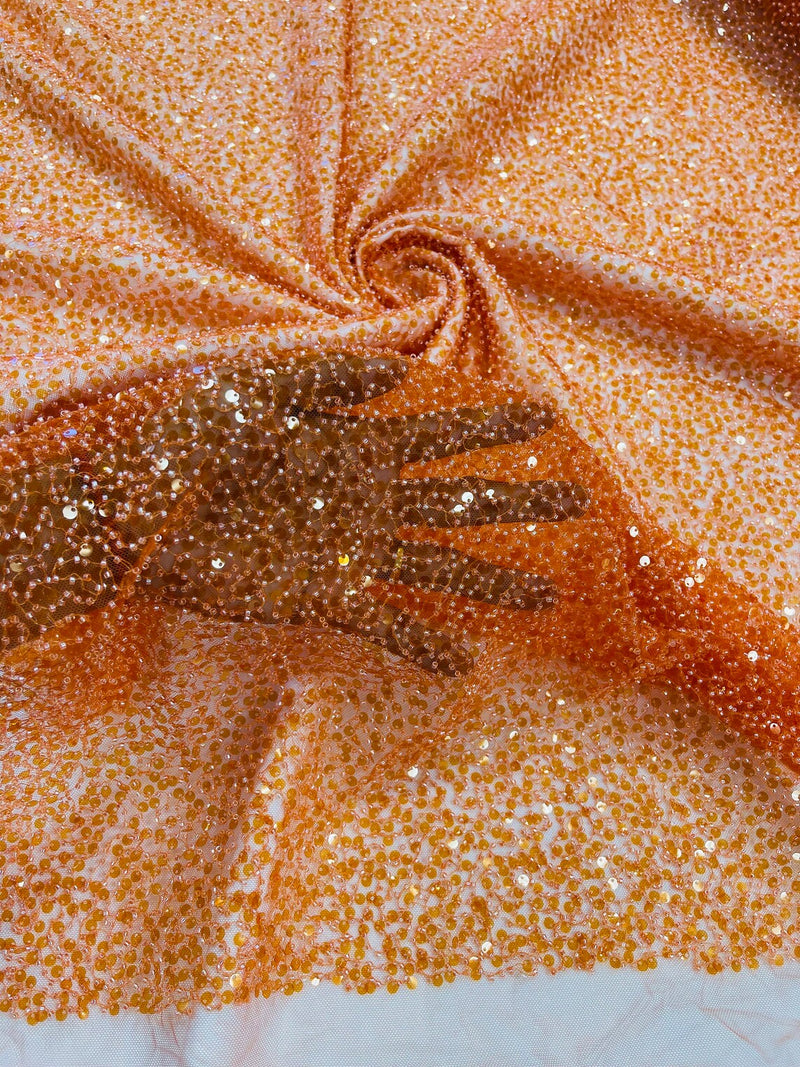 Pearl Sequins Bead Fabric - Orange - Small Beads and Sequins Embroidered on Lace By Yard