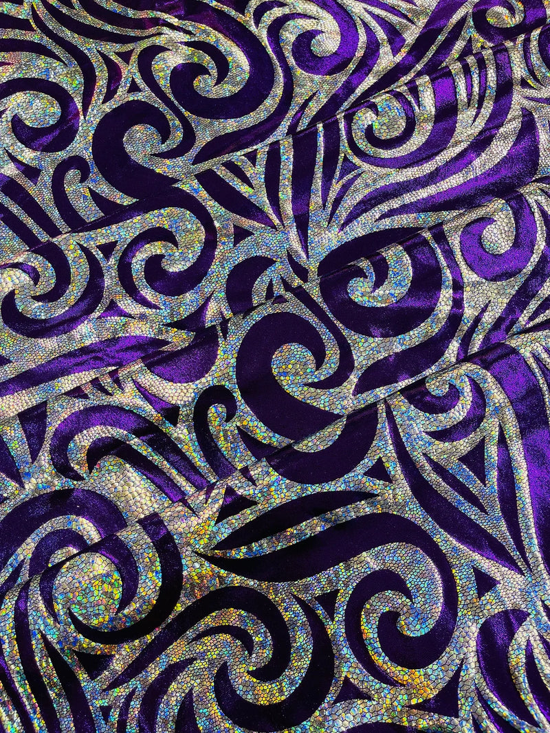 Tribal Swirl Spandex Fabric - Purple / Silver - Hologram Metallic 4-Way Stretch Milliskin Fabric by Yard
