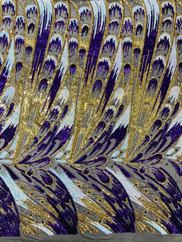 Multi-Color Sequins Design - Purple / Aqua / Gold - 4 Way Stretch Sequins Fabric By The Yard