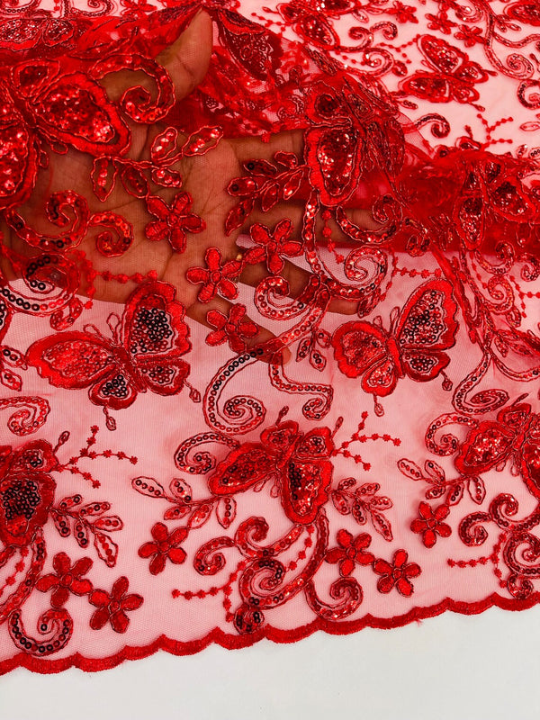 Butterfly Sequins Fabric - Red - Metallic Floral Butterfly Design on Lace Fabric By Yard
