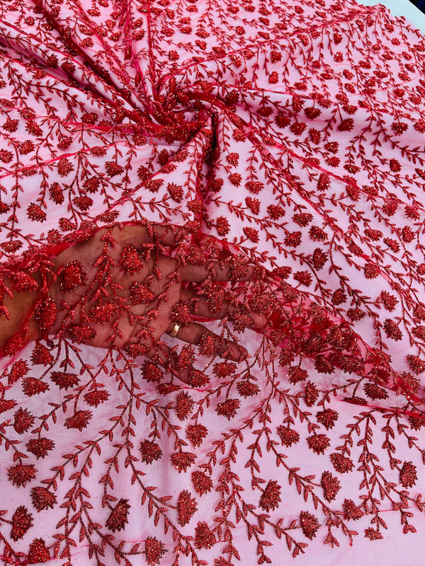 Shimmer Glitter Flower Fabric - Red - Small Glitter Flower Design on Lace Sold By Yard