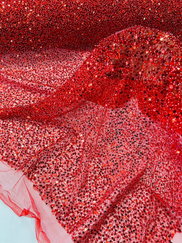 Pearl Sequins Bead Fabric - Red - Small Beads and Sequins Embroidered on Lace By Yard