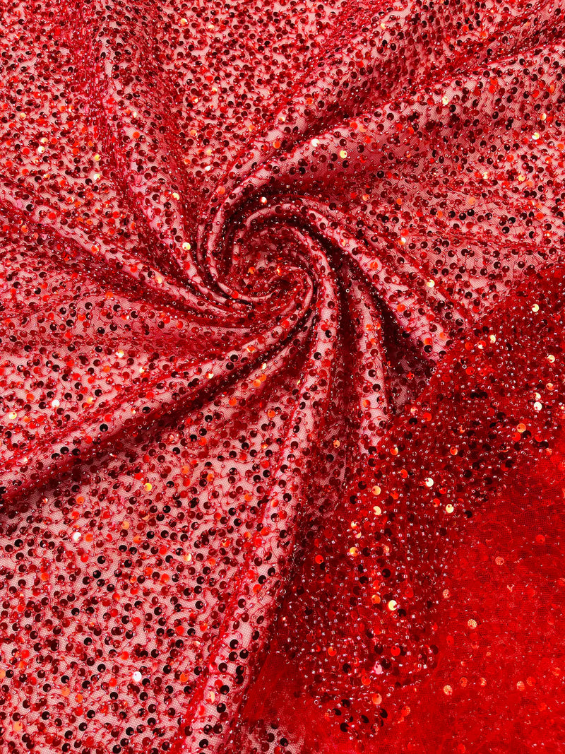 Pearl Sequins Bead Fabric - Red - Small Beads and Sequins Embroidered on Lace By Yard