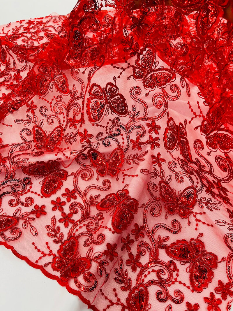 Butterfly Sequins Fabric - Red - Metallic Floral Butterfly Design on Lace Fabric By Yard