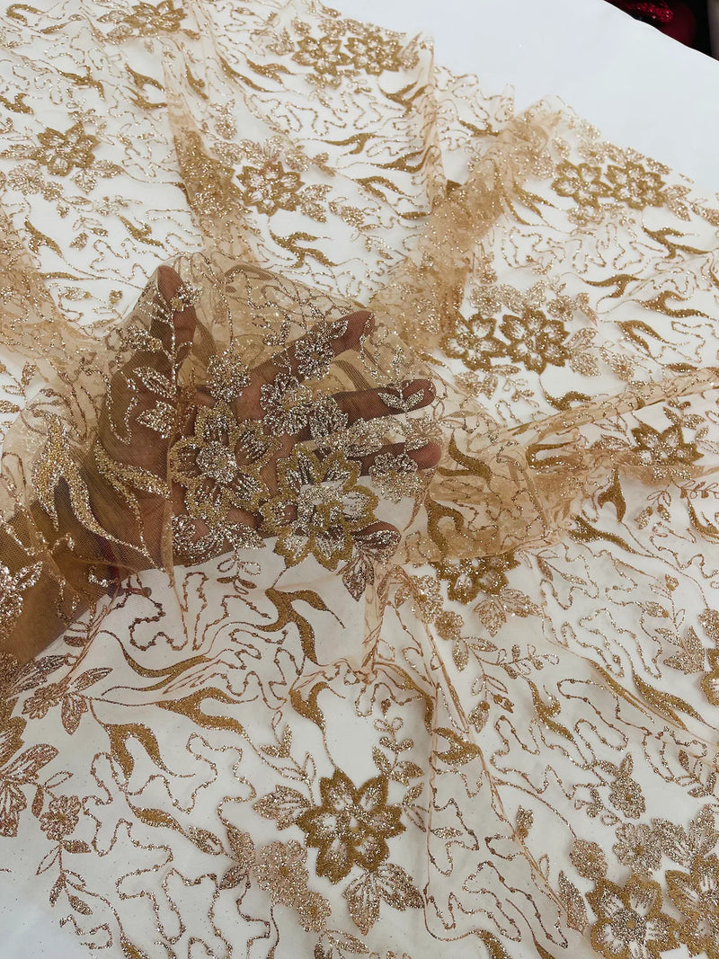 Flower Glitter Fabric - Rose Gold - 3D Floral Tulle Fabric for Wedding, Quinceañera By Yard