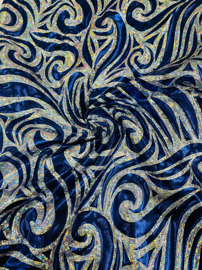 Tribal Swirl Spandex Fabric - Royal Blue / Silver - Hologram Metallic 4-Way Stretch Milliskin Fabric by Yard