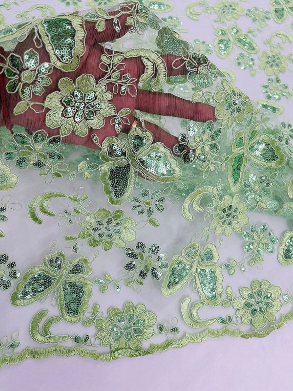Butterfly Sequins Fabric - Sage Green - Metallic Floral Butterfly Design on Lace Fabric By Yard