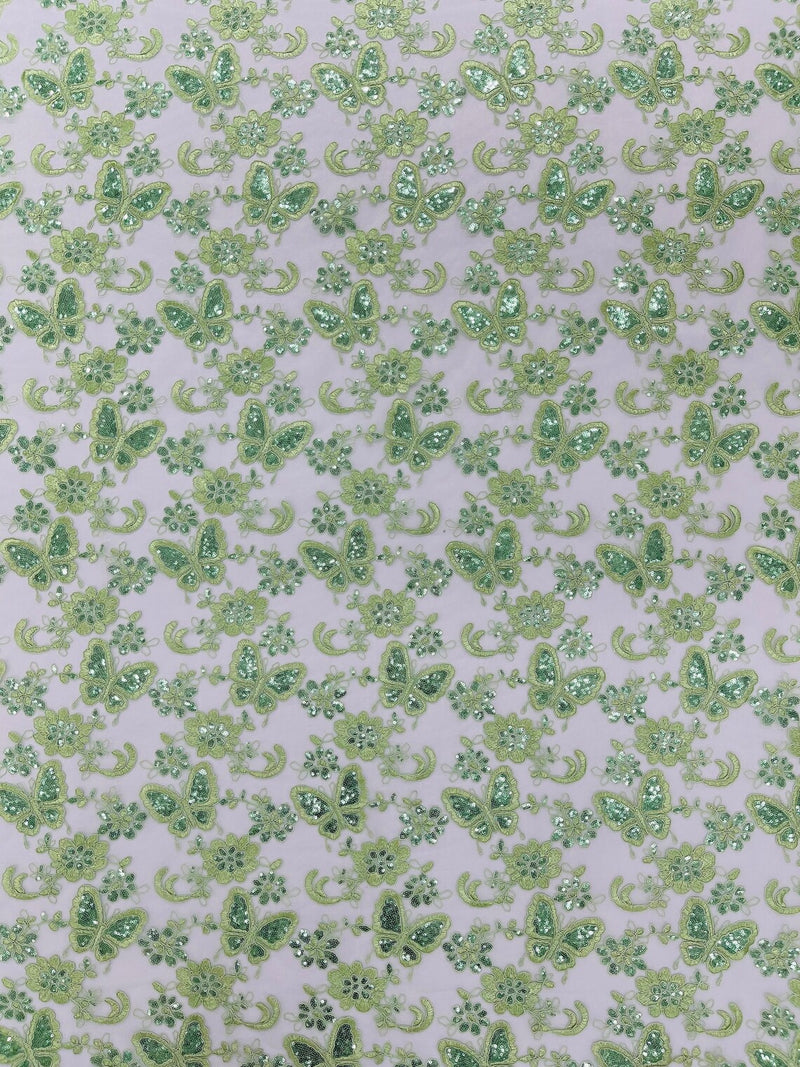 Butterfly Sequins Fabric - Sage Green - Metallic Floral Butterfly Design on Lace Fabric By Yard