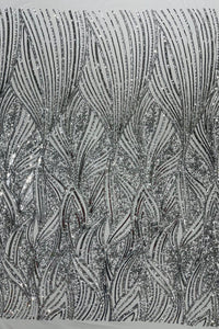 Curvy Line Design Fabric - Silver - 4 Way Stretch Sequins Design Mesh Lace Fabric by Yard