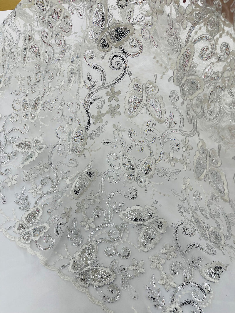 Butterfly Sequins Fabric - Silver - Metallic Floral Butterfly Design on Lace Fabric By Yard