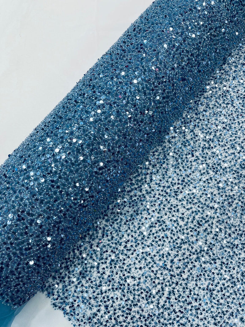 Pearl Sequins Bead Fabric - Sky Blue - Small Beads and Sequins Embroidered on Lace By Yard