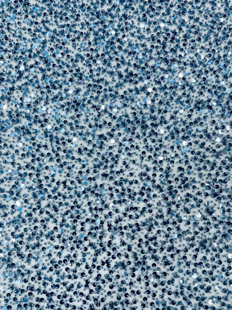Pearl Sequins Bead Fabric - Sky Blue - Small Beads and Sequins Embroidered on Lace By Yard