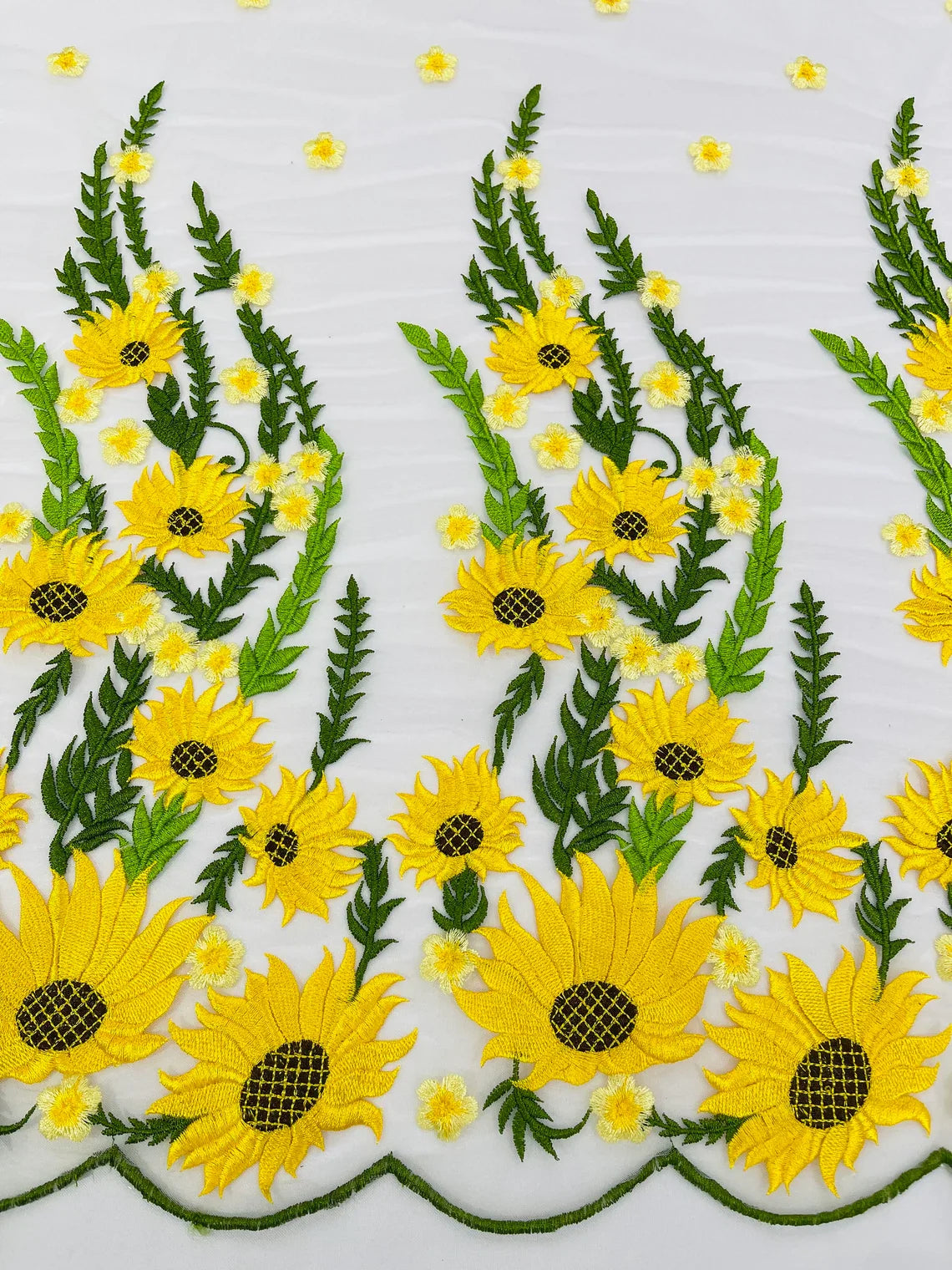 3D Sunflower Lace Fabric - On White Mesh - Sun Flower and Leaf Embroid METATRONFABRICSINC 3D Sunflower Lace Fabric - On White Mesh - Sun Flower and Leaf Embroid METATRONFABRICSINC