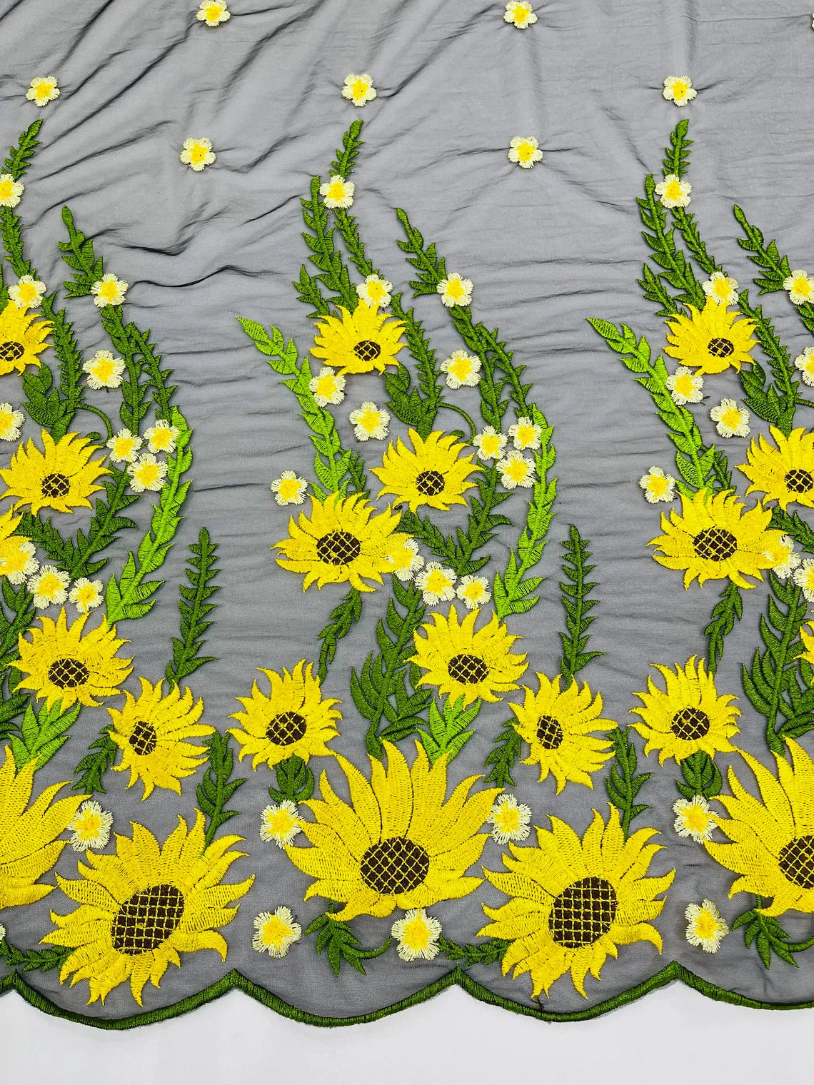 3D Sunflower Lace Fabric - On Black Mesh - Sun Flower and Leaf Embroid METATRONFABRICSINC 3D Sunflower Lace Fabric - On Black Mesh - Sun Flower and Leaf Embroid METATRONFABRICSINC