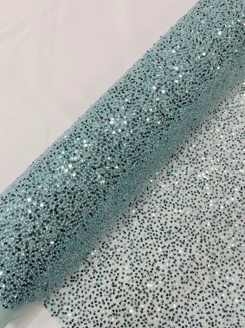 Pearl Sequins Bead Fabric - Tiffany Blue - Small Beads and Sequins Embroidered on Lace By Yard