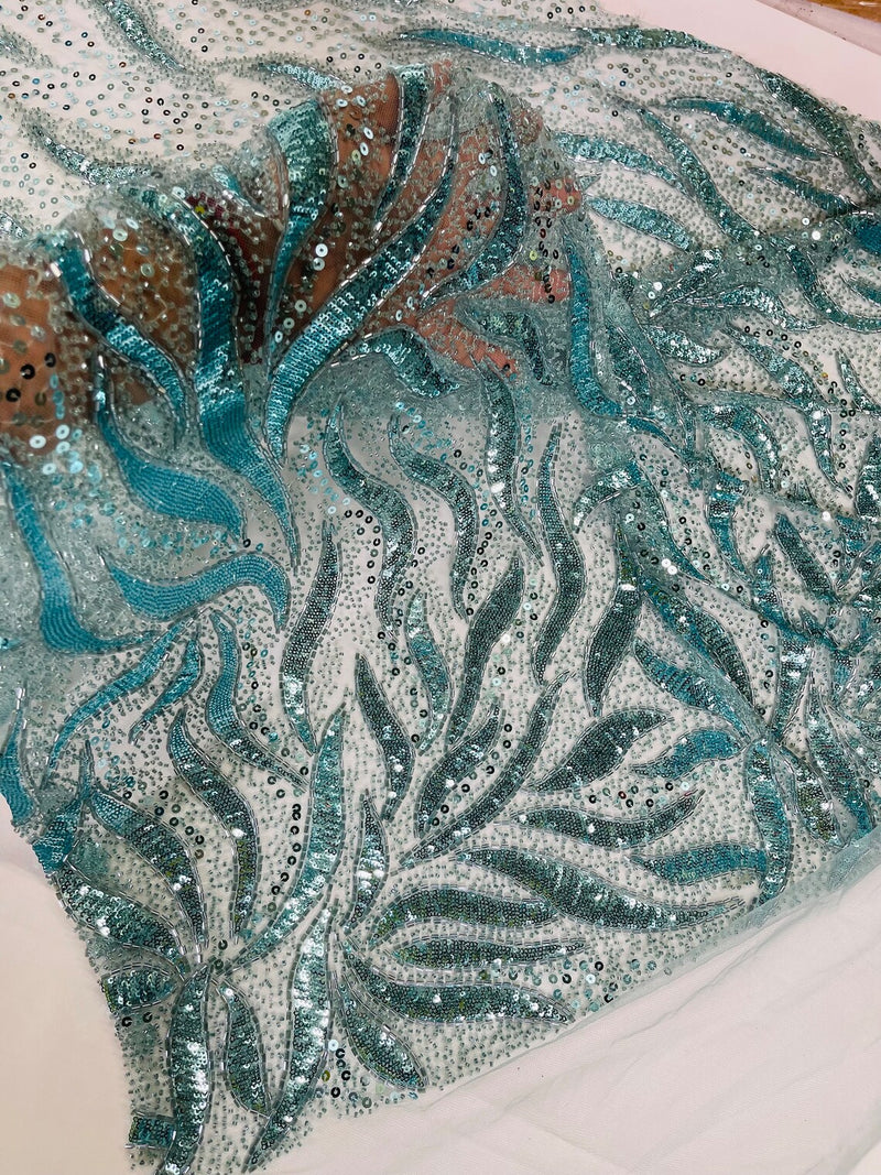 Beaded Fire Design Fabric - Tiffany Blue - Fire Flame Design Sequins and Beads on Mesh by Yard