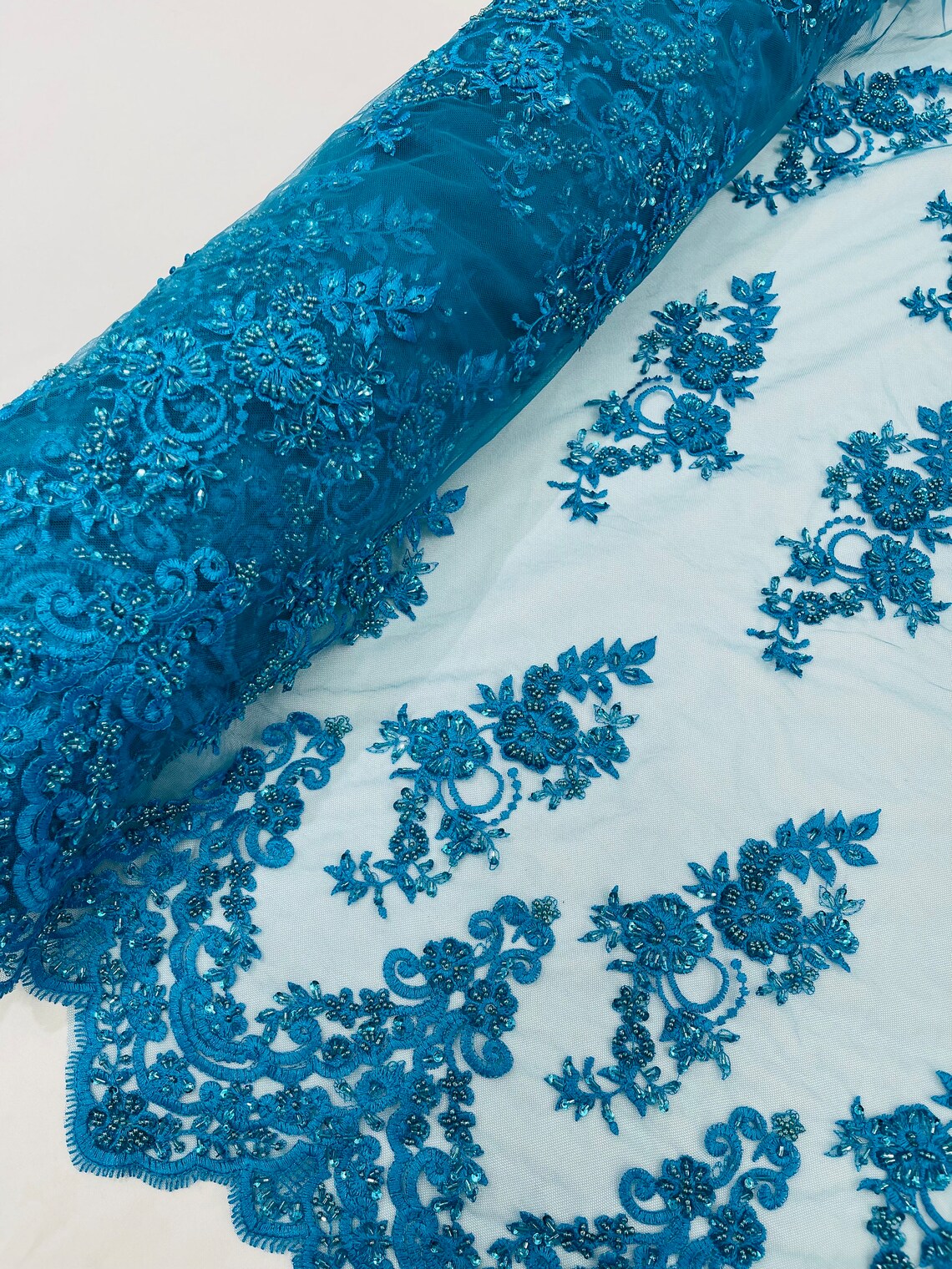 Beaded Floral Fabric - Turquoise - Embroidered Flower Cluster Beaded F