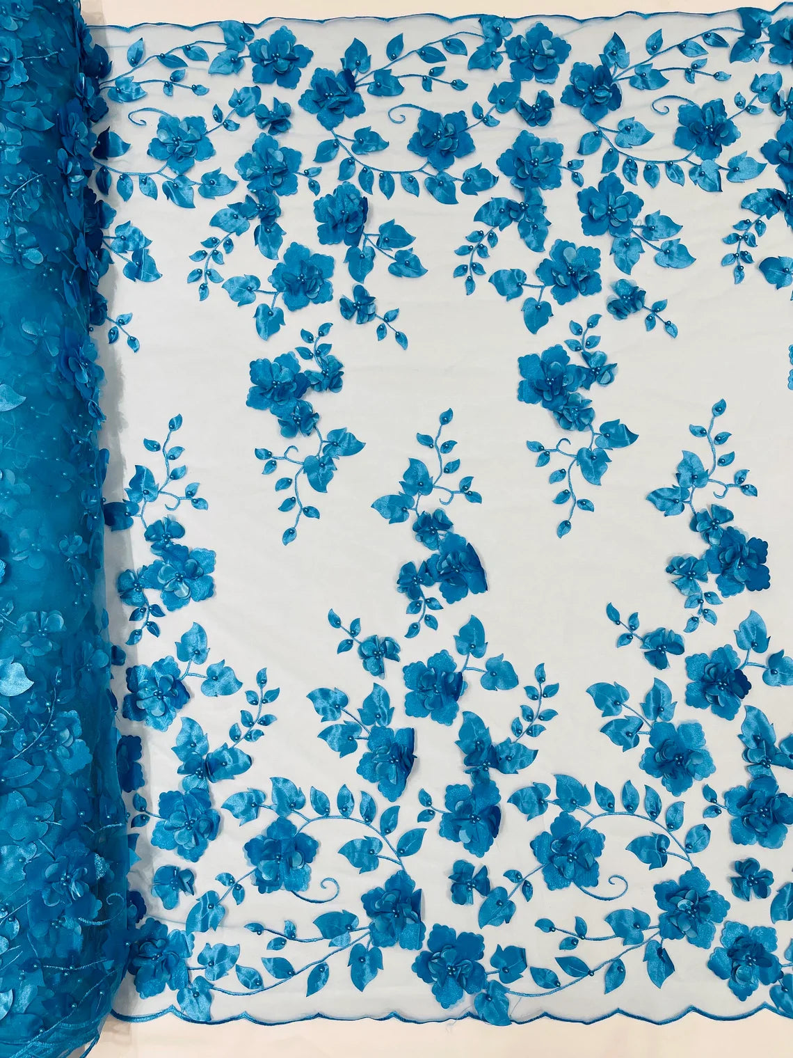 3D Floral Pearl Fabric - Turquoise - Embroidered Floral Pearl Fabric D