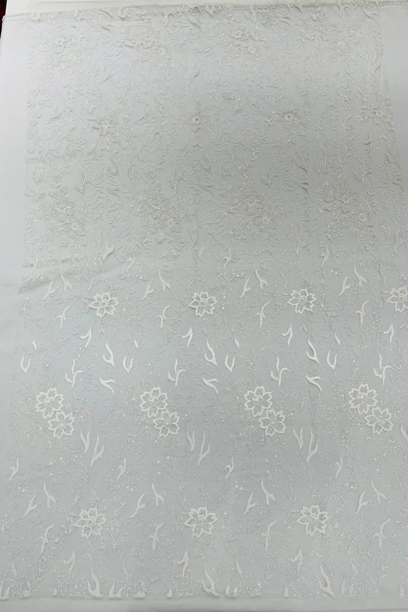 Flower Glitter Fabric - White - 3D Floral Tulle Fabric for Wedding, Quinceañera By Yard