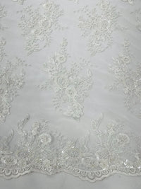 Floral Leaf Beaded Fabric - White - Embroidered Flower Leaf Design Beaded Fabric By Yard