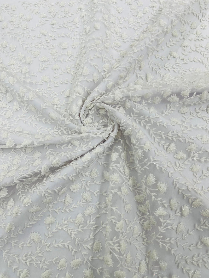 Shimmer Glitter Flower Fabric - White - Small Glitter Flower Design on Lace Sold By Yard