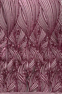 Curvy Line Design Fabric - Wine - 4 Way Stretch Sequins Design Mesh Lace Fabric by Yard