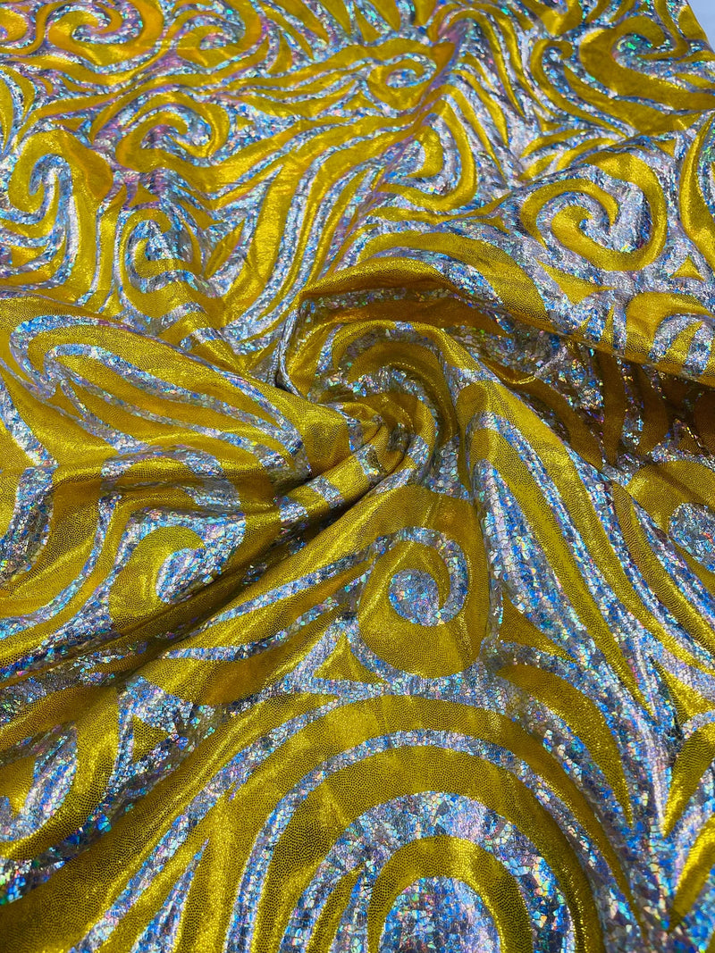 Tribal Swirl Spandex Fabric - Yellow - Hologram Metallic 4-Way Stretch Milliskin Fabric by Yard