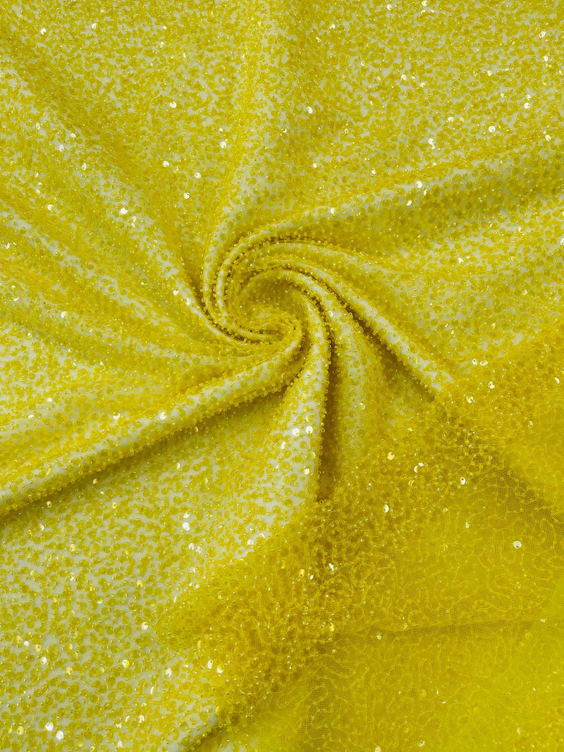 Pearl Sequins Bead Fabric - Yellow - Small Beads and Sequins Embroidered on Lace By Yard