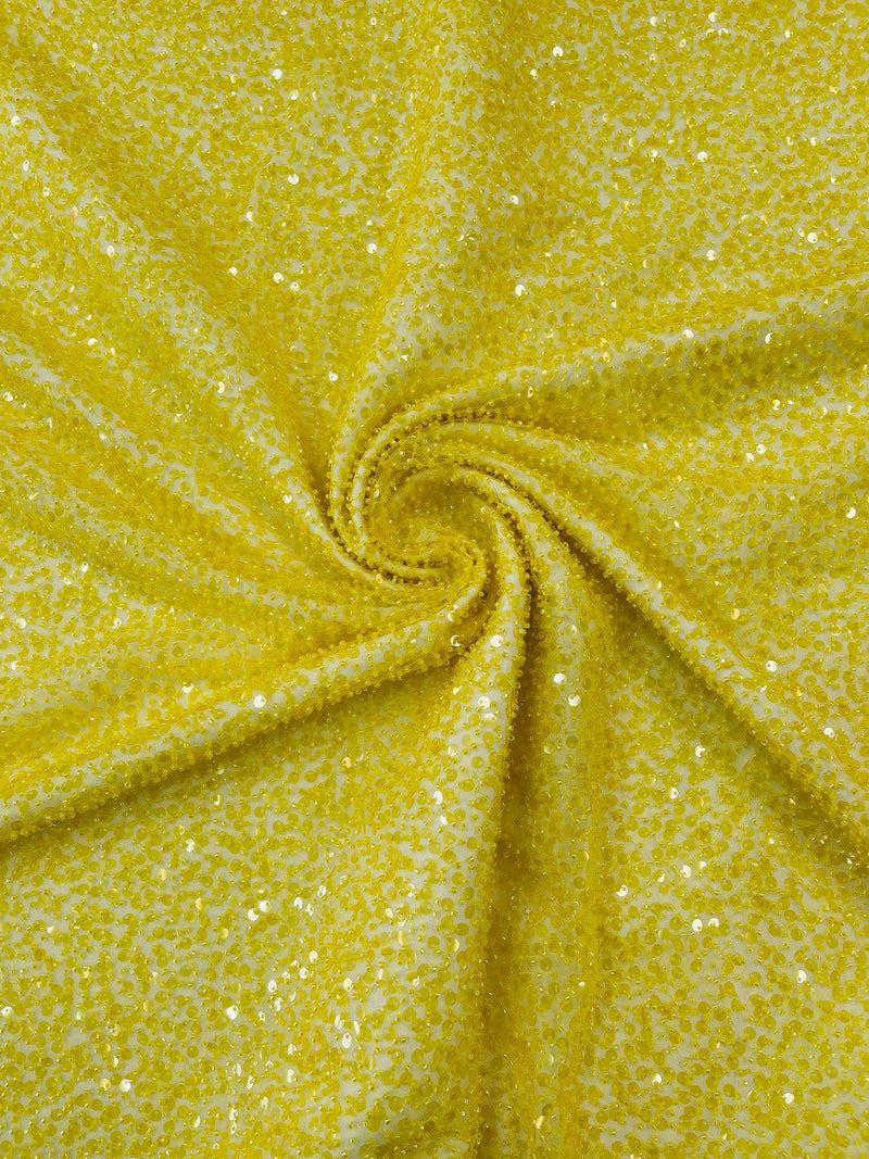 Pearl Sequins Bead Fabric - Yellow - Small Beads and Sequins Embroidered on Lace By Yard