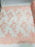 Damask Lace - Floral Damask Design Embroidered on Mesh Lace Fabric - 25 Yard Roll