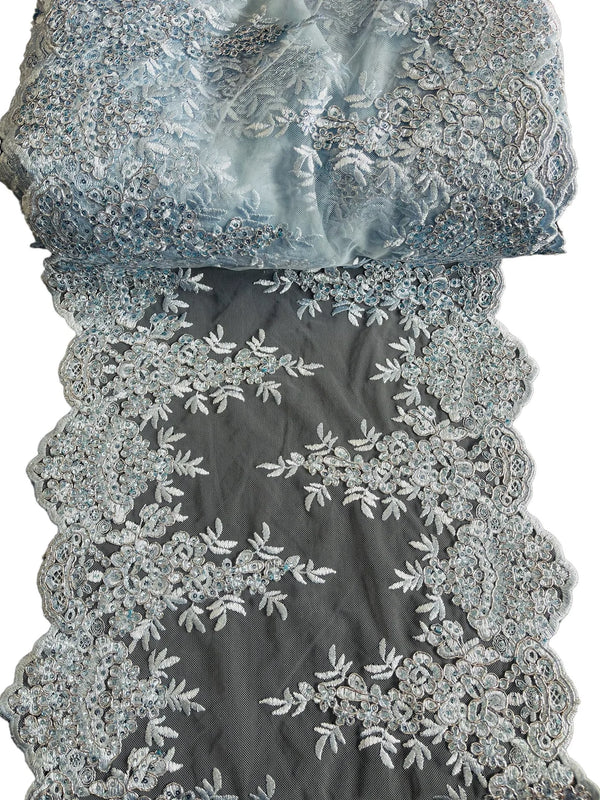14" Metallic Flower Lace Table Runner - Baby Blue - Floral Runner for Event Decor Sold By The Yard
