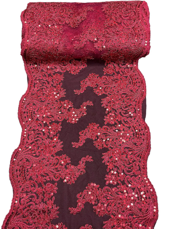 14" Metallic Floral Design Lace Table Runner - Burgundy - Event Table Decor Runner Sold By Yard