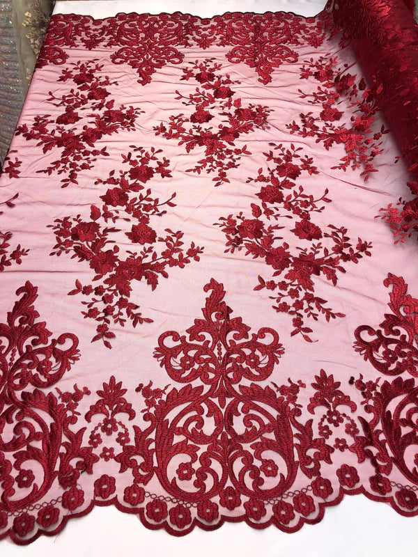 Damask Lace - Floral Damask Design Embroidered on Mesh Lace Fabric - 25 Yard Roll