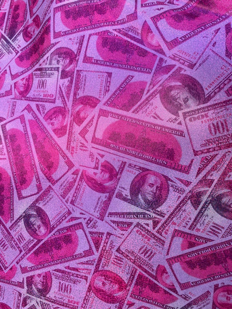 Money Print Fabric - Metallic Pink - 100 Dollar Bills Stretch Spandex