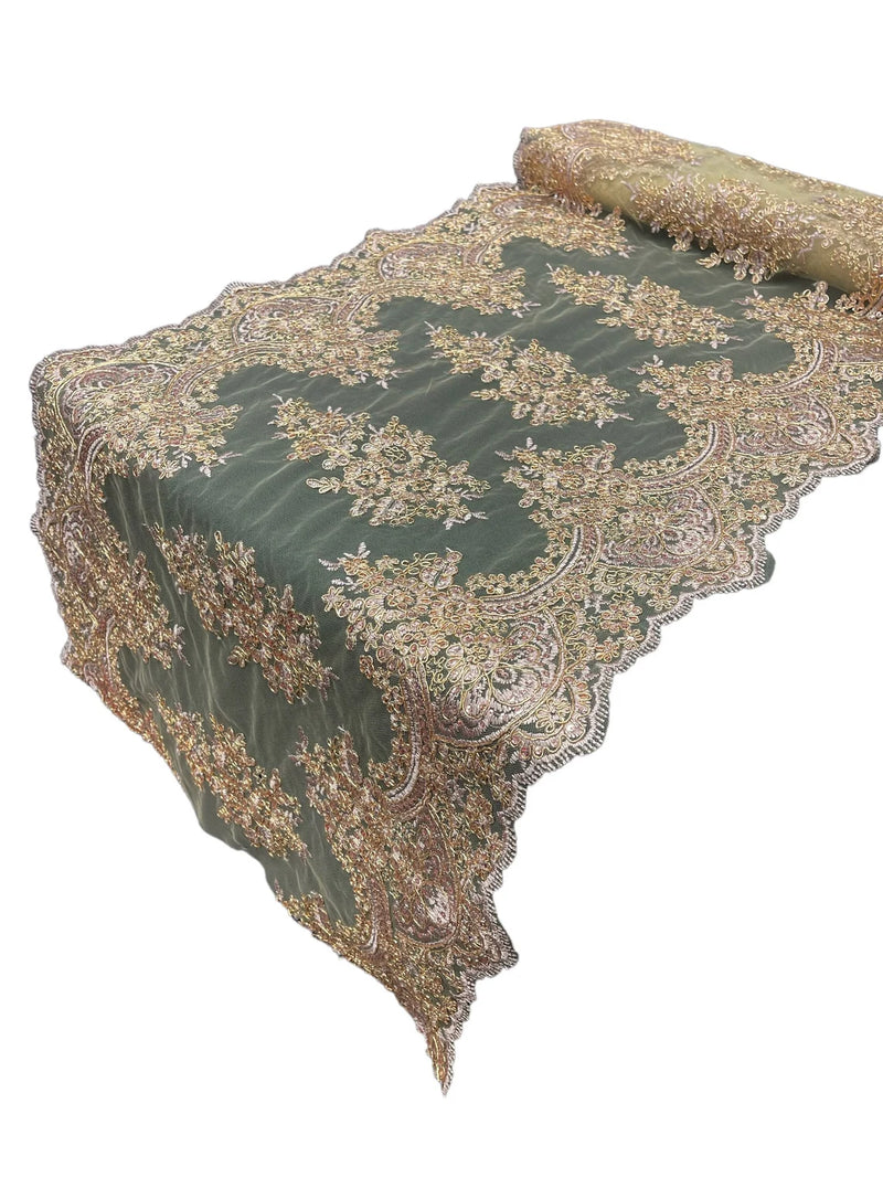 21" Floral Lace Metallic Design Table Runner - Rose Gold - Floral Runner for Event Decor Sold By The Yard