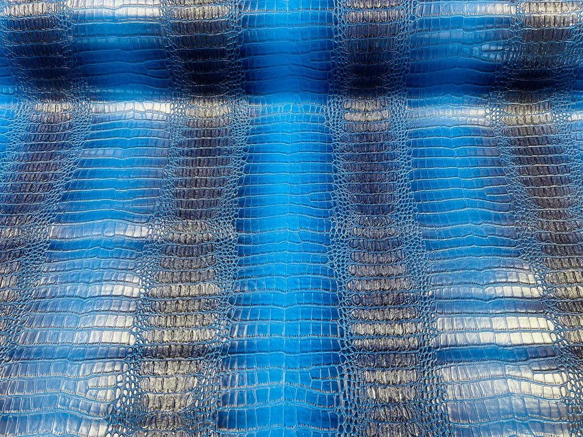 Dark Blue Large Scale Crocodile Skin Faux Fake Leather Vinyl Fabric Polyester 54-56