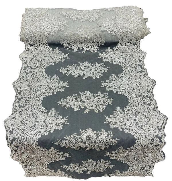21" Floral Lace Metallic Design Table Runner - Silver - Floral Runner for Event Decor Sold By The Yard