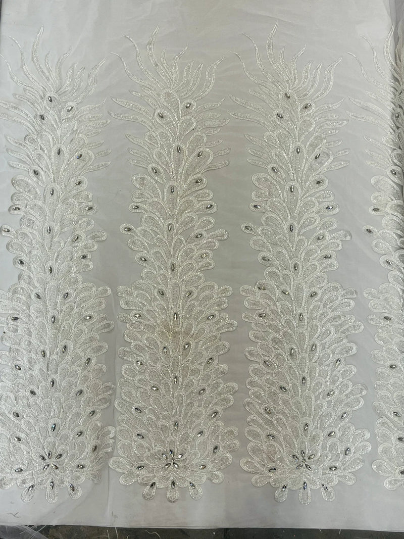3D Beaded Peacock Feathers - Vegas Design Embroidered Sequins and Beads On a Mesh Lace Fabric - 15 Yard Roll