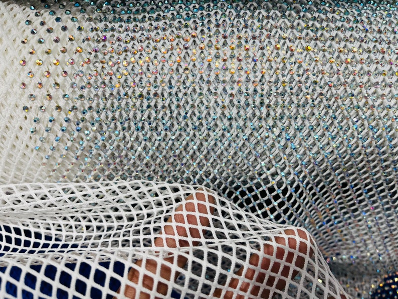 Iridescent Rhinestones Fabric On White Stretch Net Fabric, Fish Net with  Crystal Stones by yard